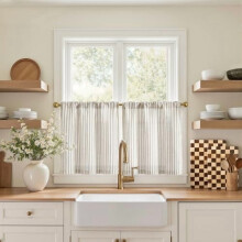 Striped Linen Tier Curtains 20" – Farmhouse Cafe Style, Light Filtering, Rod Pocket, 2 Panels, Taupe Grey, Compatible with Standard Rods