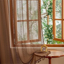 Dark Coffee Lace Boho Curtains for Kitchen/Nursery – Semi-Sheer Crochet Macrame, Rod Pocket, 59"x63", Compatible with Standard Rods
