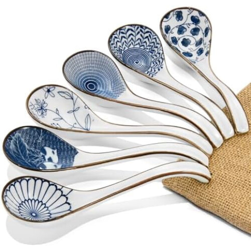 6-Piece Asian Ceramic Soup Spoons with Long Handles