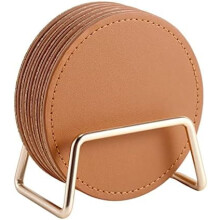 6 PU Leather Drink Coasters with Gold Metal Holder and Cork
