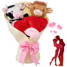Plüsch-Valentinstagsstrauß mit Hochlandrind-Motiv (25 x 33 cm, 2er-Set) mit Herzen und rosa Schleife – Geschenkidee für Jahrestag, Hochzeit,