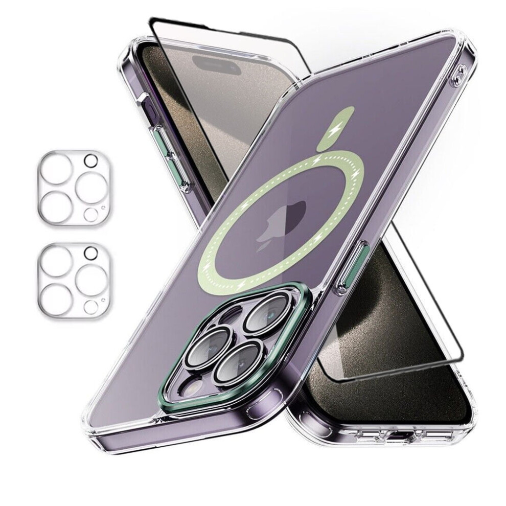 Xhy Magnetic Case For Iphone 15 Pro Max Â Magsafe Compatible, Shockproof, Crystal Clear, With Screen & Lens Protector, Non-Yellowing, Green 9193271735311