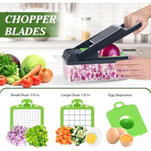 12-in-1 groentesnijder met deksel en handvat – blokjessnijder, snijmachine, uiensnijder, rasp, eierscheider (groen)