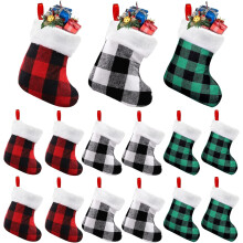 12-Pack Mini Christmas Stockings 7" Red Green White Plaid