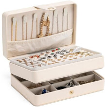 2-Layer Jewelry Organizer Box – Beige PU Leather, Portable
