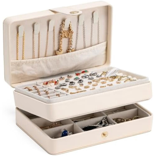 2-Layer Jewelry Organizer Box – Beige PU Leather, Portable