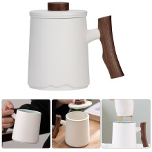 Tineasur Ceramic Tea Mug, White, Wooden Handle, Built-in Filter, Elegant Design, Easy Cleaning