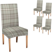 Kockás étkezőszék huzat szett, 4 db, varrás nélküli tartan (bézs/szürke/szürke/fehér), rugalmas, levehető és mosható – kompatibilis a