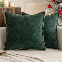 Set van 2 donkergroene kussenhoezen in boerderijstijl (61x61 cm), effen geverfde chenille, gestikte rand – geschikt voor standaard kussens.