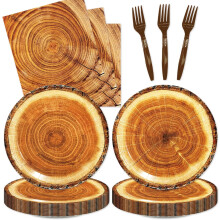 Wood Grain Disposable Party Set – Plates Napkins Forks