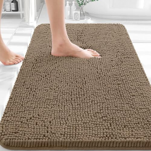 Chenille Bath Rug 30x20 in Tan with Rubber Backing