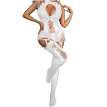 Conjunto de lingerie feminina, body, meias transparentes vazadas e camisola para o Dia dos Namorados, cor sólida, em tecido de malha, branco.