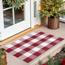 Christmas Buffalo Plaid Rug 2x3 Ft, Indoor/Outdoor Doormat, Washable Woven Cotton, Red & White Check, Compatible with Front Door & Porch