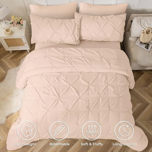 Queen Comforter Set Blush Pink 7-Piece Pintuck Design 1
