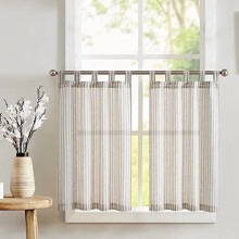 Linen Striped Tier Curtains 26x45 in, Taupe Grey, 2 Panels