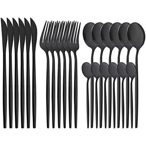 24-Piece Mirror Black Flatware Set, 18/0 Stainless Steel,