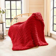 Chunky Knit Blanket Throw 40x50", 100% Hand-Knitted Chenille, Cable & Rope Knot Design – Red