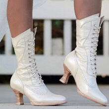 Botas de mujer, zapatos de invierno cálidos, tacón medio, estilo retro británico, color liso, con cordones, punta, media pantorrilla, 6.5 (38)