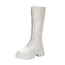 Botas peludas para mujer, zapatos de color liso con vendaje, tacón alto, informales, cálidas, de invierno, hasta la rodilla, talla US: 7 (39)