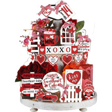 24 pièces Décoration de plateau à étages pour la Saint-Valentin – Gnome de ferme, cœur et panneau de table en bois avec ficelle, décoration