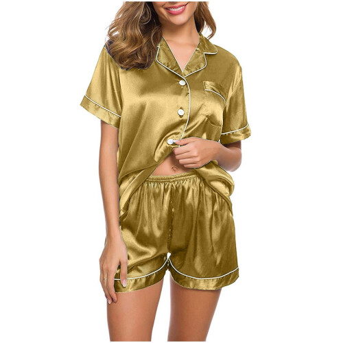 Γυναικεία πιτζάμα με κοντό μανίκι, μαλακό σατέν κουμπωτό, σετ σορτς Loungewear 2