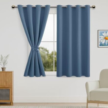 Perdele opace pentru dormitor cu bretele – Albastru prăfuit, 132x114 cm, cu inele de prindere, set de 2, pentru întunecarea camerei și
