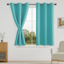 Blackout Short Curtains with Tiebacks – Room Darkening, Grommet Top, Turquoise, 42x45", Set of 2 Panels