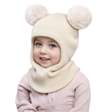 Stickad vintermössa för baby med pompoms, pullovermössa + halsvärmare, djurörondesign, fleecefodrad, skydd mot kallt väder – beige