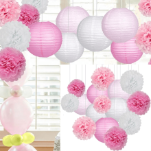 15 buc. felinare de hârtie și bile cu pom-pom, decorațiuni agățate pentru petrecere, nuntă, ziua de naștere, roz/alb