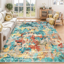 5x7 Blue Colorful Abstract Area Rug, Boho Washable Non-Slip, Non-Shedding Low Pile Throw Rug for Living Room, Bedroom, Dining Room (Blue Colorful).