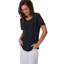 Blusa túnica de punto calada con escote redondo para mujer, color negro, talla S