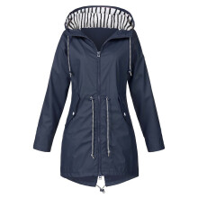 UTTOASFAY Damen-Regenjacke, einfarbig, Outdoor-Jacke, Kapuzen-Regenmantel, winddicht, Marineblau, Größe 18 (XXXXXL)