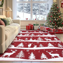 Tapis rouge 150x210 cm pour salon, lavable, idéal pour la décoration intérieure, doux et à poils courts, avec motif sapin de Noël, rennes et