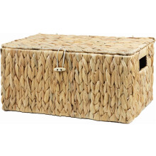 Large Rectangular Wicker Basket with Lid, Water Hyacinth Storage & Decorative Organizer Bin (14.2"x9.4"x7")
