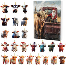 Calendrier de l'Avent 2025 sur le thème des vaches, avec 24 décorations suspendues en acrylique et anneaux en métal pour patienter jusqu'à Noël