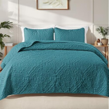 Ensemble de literie pour lit simple avec 1 taie d'oreiller, motif damassé vintage bleu sarcelle, couvre-lit léger toutes saisons