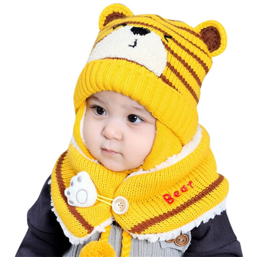 Σετ χειμερινού καπέλου και κασκόλ Baby Bear Ear, πλεκτό σκουφάκι με επένδυση φλις +