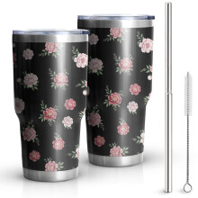 Copo térmico Pioneer Flower de 887 ml com estampa floral, parede dupla com isolamento a vácuo, tampa à prova de vazamentos e livre de BPA, canudos