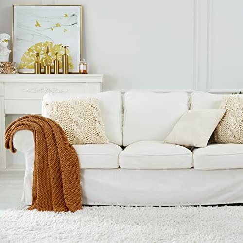 Chunky Cable Knit Throw Blanket, 100% Cotton, Burnt Orange, 1