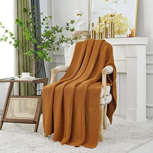 Chunky Cable Knit Throw Blanket, 100% Cotton, Burnt Orange, 2