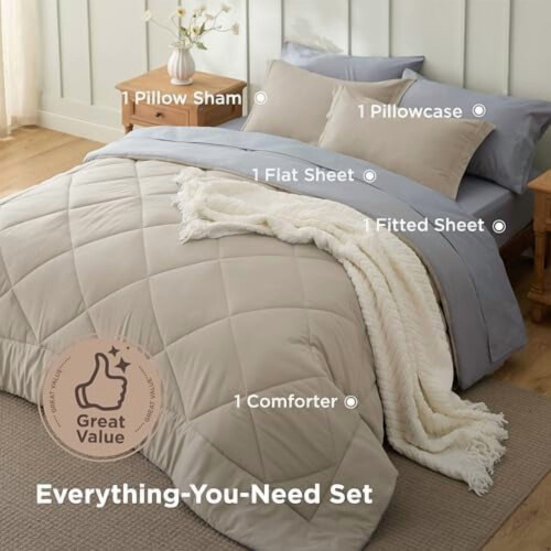 Twin Comforter Set Beige Reversible 5-Piece 1