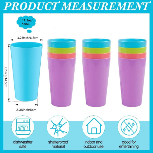 Pacote com 12 copos plásticos reutilizáveis de 516 ml (17,5 oz) em 4 cores. 1