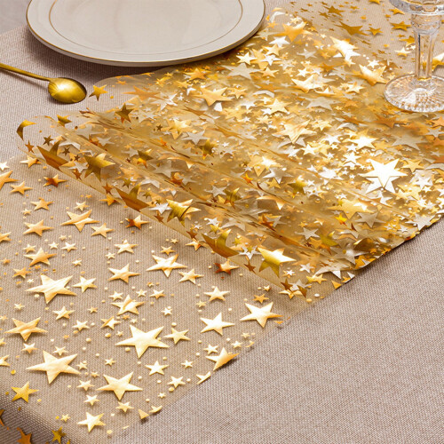 Gold Star Glitter Table Runner, Thin Mesh, 275 cm