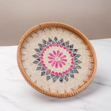 Lozenge Wicker Round Rattan Serving Tray 11.8 inch