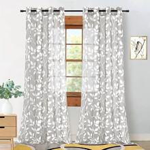 Leaf-Print Sheer Voile Curtains, Silver Grommet, 2 Panels