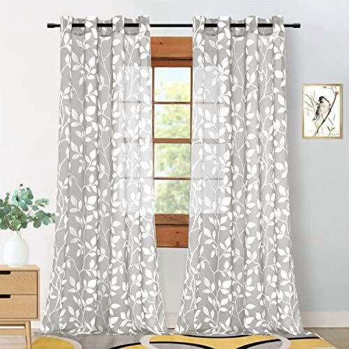 Leaf-Print Sheer Voile Curtains, Silver Grommet, 2 Panels