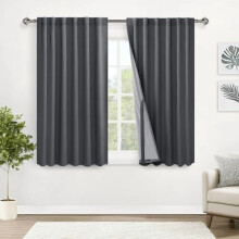 Dark Grey Blackout Curtains with Built-in Tie-Backs, 52" x
