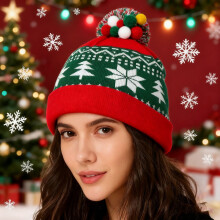 Christmas Snowflake Knit Beanie with Pom Pom – Green