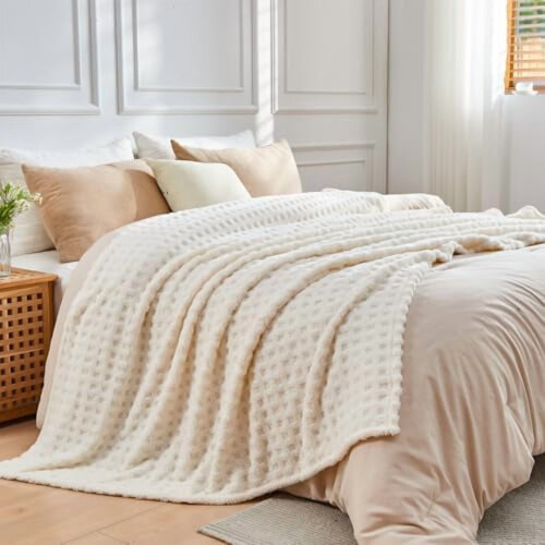 Flannel Fleece Throw Blanket King Size Ivory
