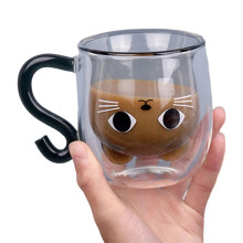 Vaso de Vidrio de Doble Pared de 250 Ml, Diseño de Gato, con Asa, para Café, Leche, Té, Zumo, Transparente. B